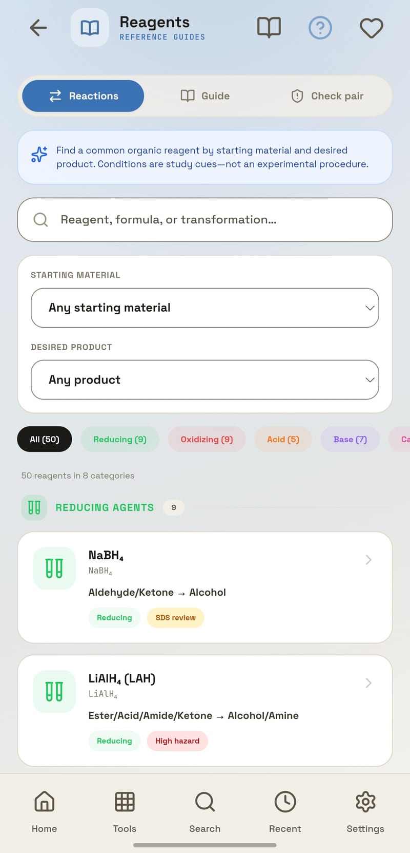 ChemEase on Android &mdash; Fifty reagents, eight categories